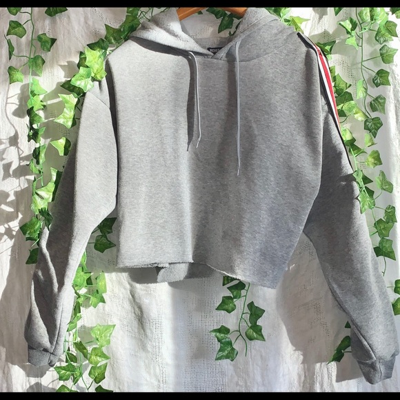 Grey cropped sweatshirt with striped arms. Rue 21 - Picture 1 of 3